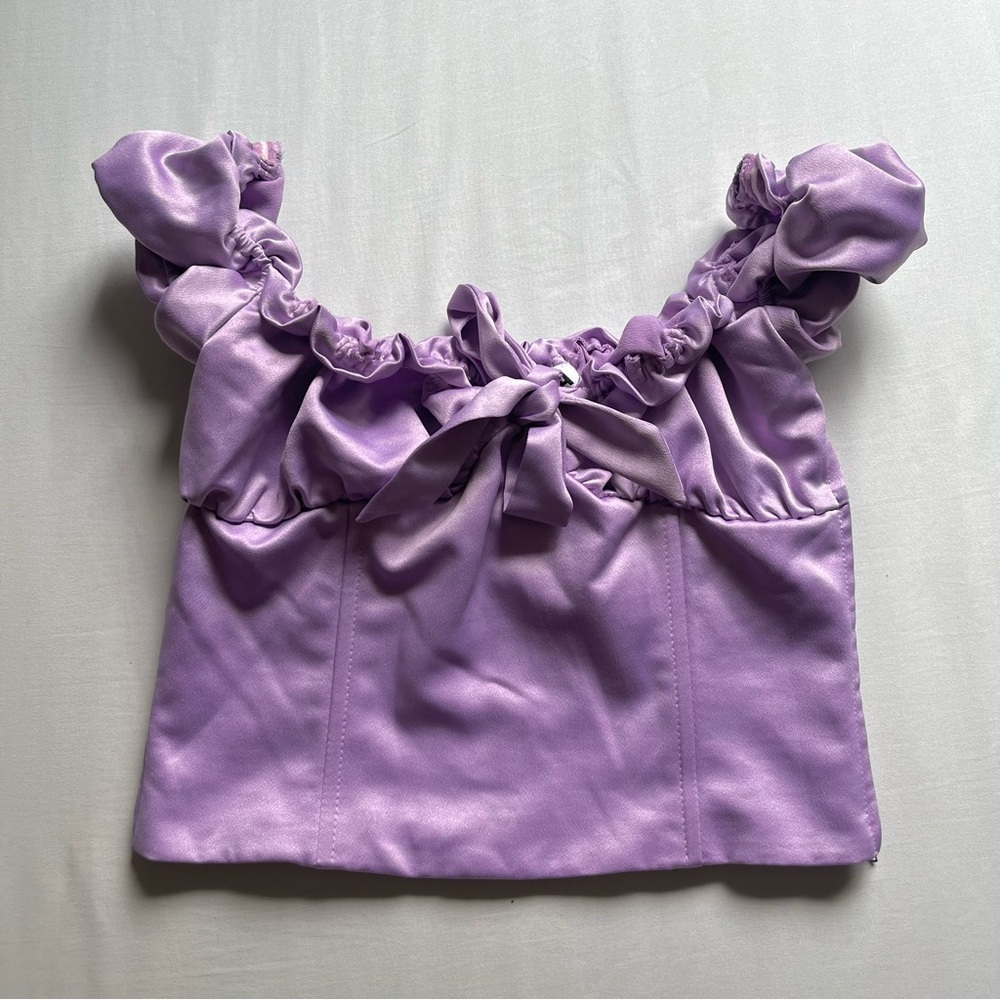 I AM GIA lilac lavender purple satin ruffle tie front bustier corset crop top